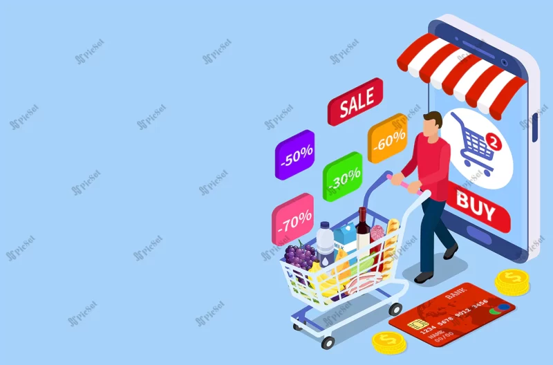 isometric man with shopping cart shopping supermarket concept can use web banner infographics vector illustration flat style / مرد ایزومتریک با مفهوم سوپر مارکت آنلاین سبد خرید اینفوگرافیک