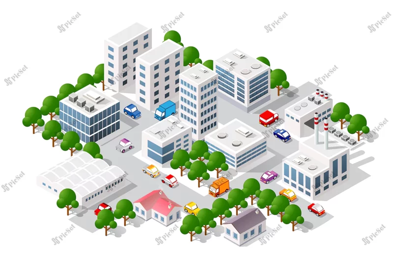 isometric view city collection houses 3d illustration 3d module block district part / نمای ایزومتریک مجموعه شهر سه بعدی بلوک و ساختمان با خیابان و ماشین