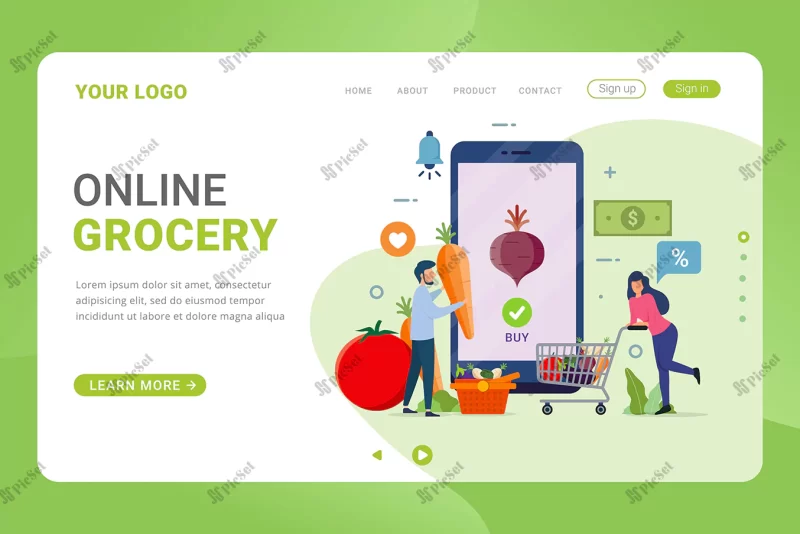 landing page template online buying grocery food products mobile app / برنامه موبایل صفحه فرود لندینگ پیج خرید آنلاین محصولات غذایی سبد خرید فروشگاه آنلاین