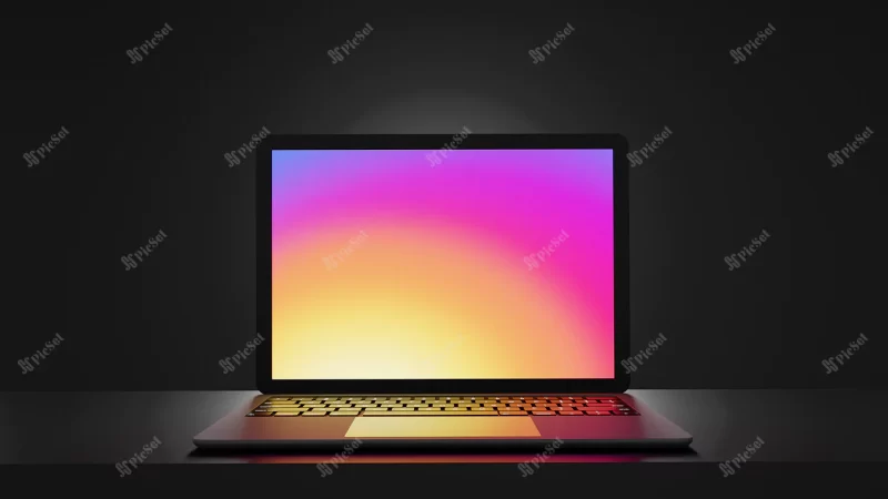 laptop computer black color place table with dark background 3d illustration rendering image / میز به رنگ سیاه و لپ تاپ سه بعدی