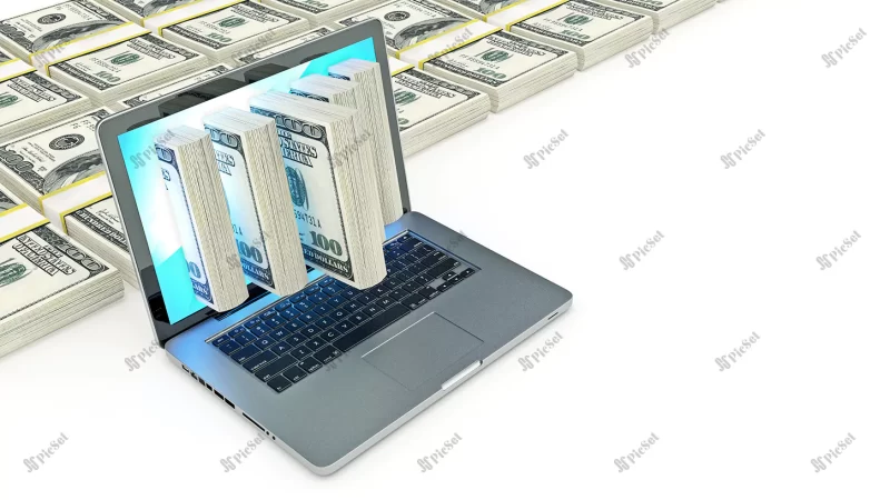 laptop money 3d rendering / سه بعدی پول و لپ تاپ مفهوم تجارت آنلاین