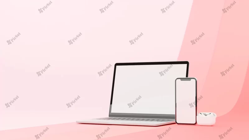 laptop smartphone with mockup screen earphones isolated pink background 3d render / تلفن هوشمند موبایل با لپ‌تاپ و هدفون‌ سه‌بعدی