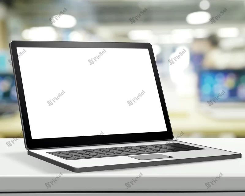 laptop with blank screen laminate table blurred background / لپ تاپ با صفحه نمایش خالی روی میز و پس زمینه تار