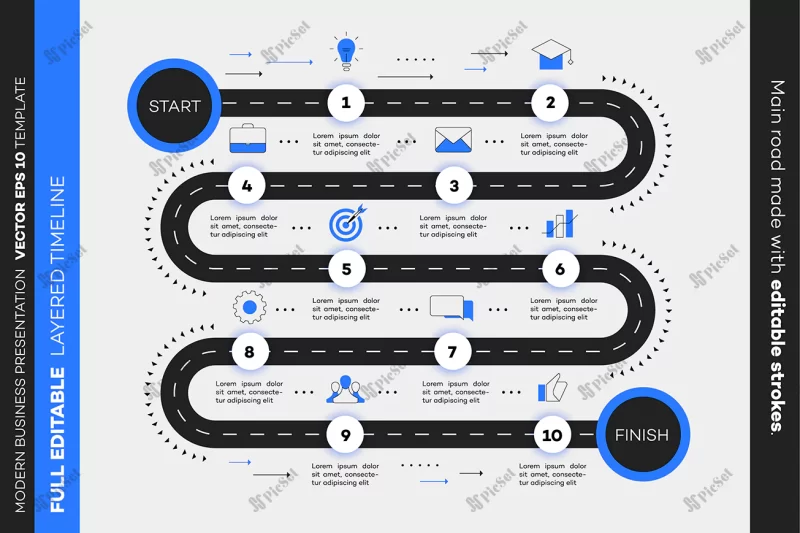 layered infographic timeline / جدول زمانی اینفوگرافیک جاده و خیابان، شروع و پایان