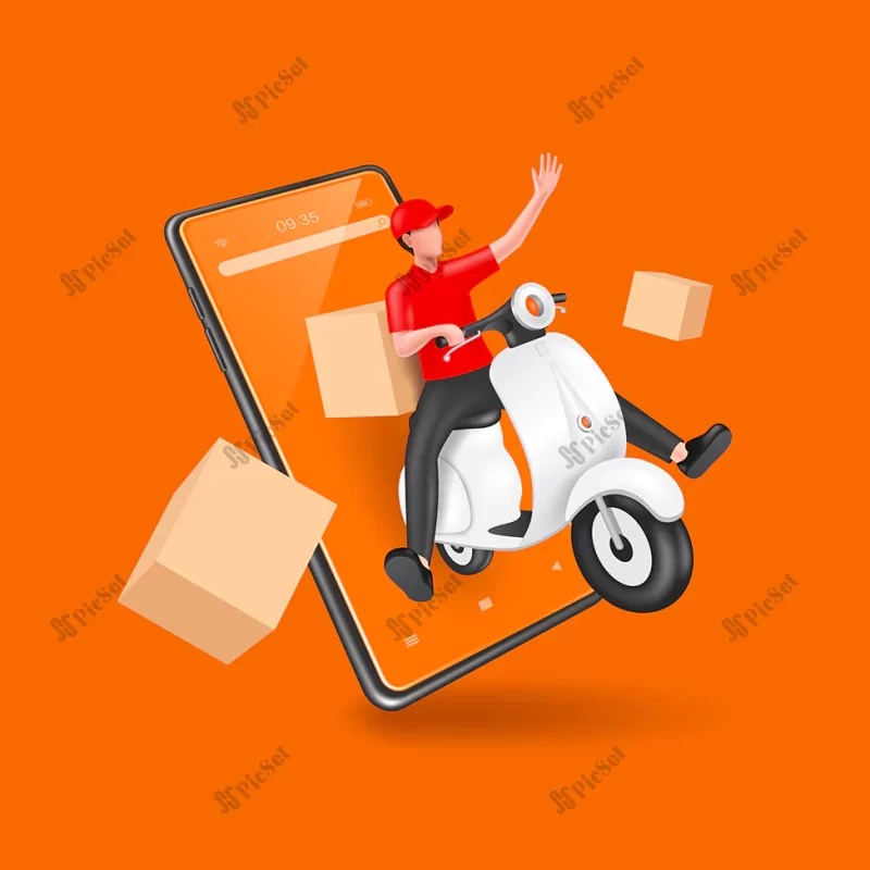 male employees sit scooters deliver parcels deliver food waving hand invite use service there were parcel boxes floating around all floating smartphone delivery concept / کارمند تحویل بسته تحویل غذا مفهوم دعوت به خدمات تحویل بسته با گوشی موبایل هوشمند
