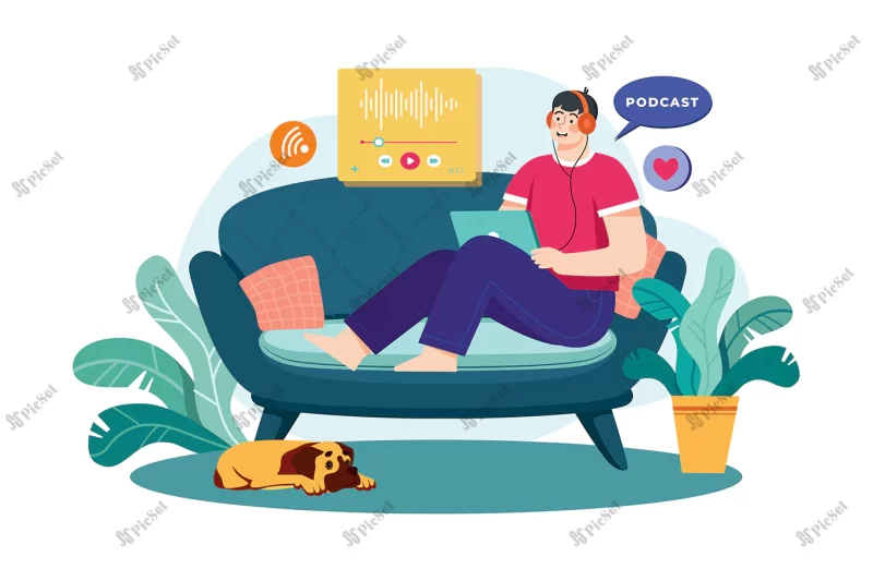 man listening podcast while sitting couch illustration concept flat illustration isolated white background / مردی در حال گوش دادن به پادکست روی مبل نشسته در حال کار با لپتاپ