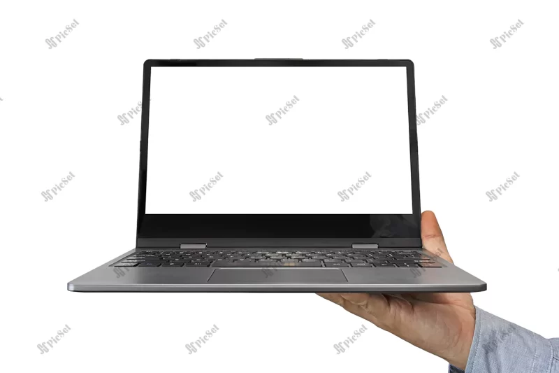 man shows small laptop with empty window isolated white background / مرد لپ تاپ کوچک در دست گرفته است و صفحه نمایش لپ تاپ سفید است