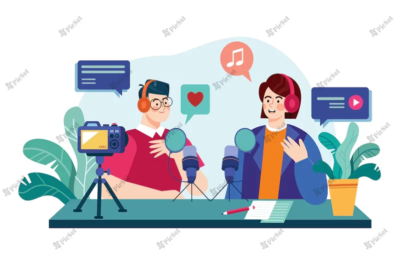 man woman recording podcast conversation illustration concept flat illustration isolated white background / زن مرد در حال ضبط مکالمه پادکست با هدفون، گفتگوی خبری، مصاحبه رادیو تلوزیونی