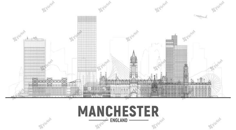 manchester england skyline with panorama white background vector illustration business travel tourism concept with modern buildings image banner website / ساختمان های منچستر انگلستان با پس زمینه سفید پانوراما مفهوم گردشگری سفر تجاری، ساختمان های مدرن