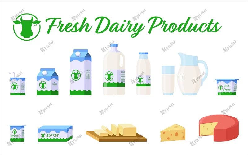 milk dairy products set flat style collection dairy products milk different packages carton glass jug yogurt cheese butter sour cream premium vector / مجموعه محصولات لبنی شیر، بسته بندی های مختلف پاکت پارچ شیشه ای ماست پنیر کره خامه
