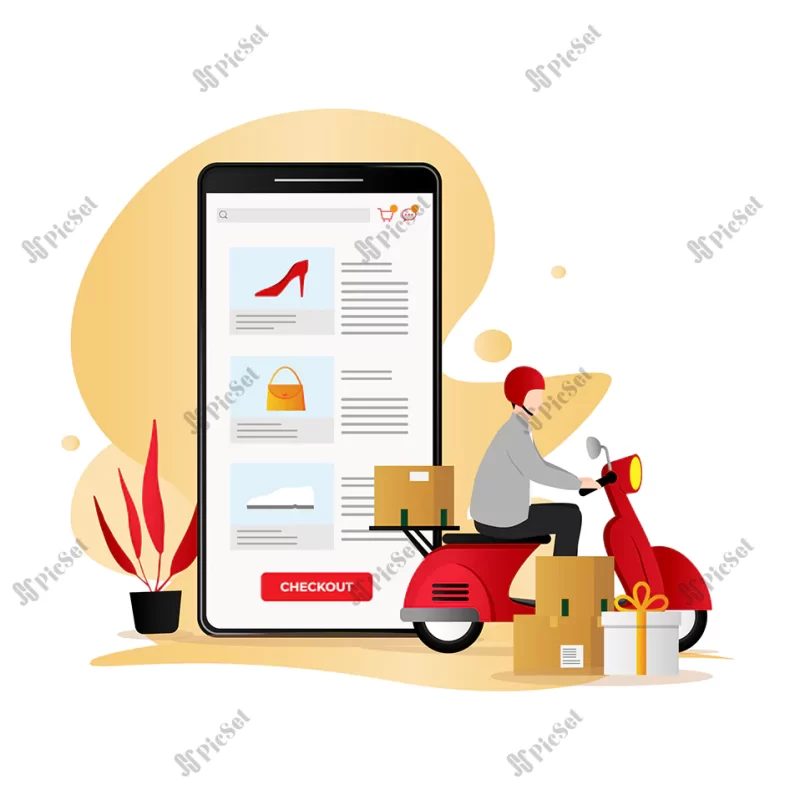 mobile commerce vector concept with courier with motorbike goods be delivered / پیک موتوری با تحویل بسته جعبه مفهوم تجارت سیار