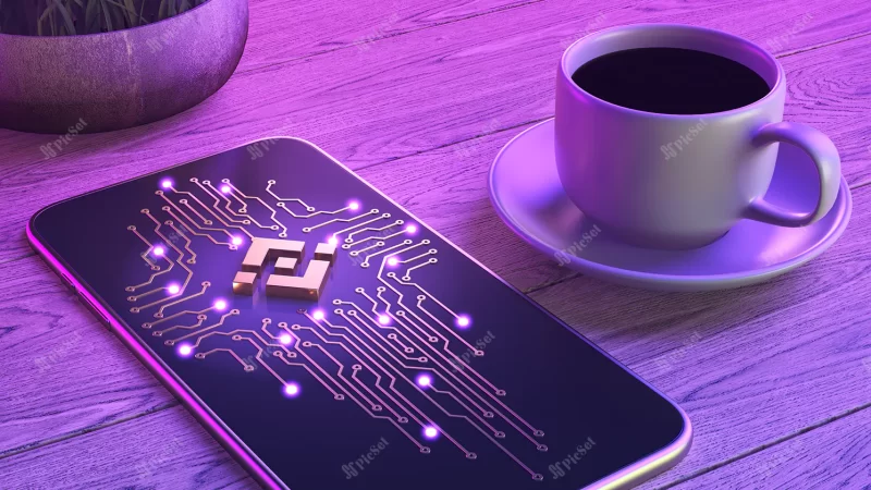 mobile cryptocurrency trading concept smartphone is lying wooden table cup aromatic coffee / مفهوم مبادله ارز دیجیتال موبایل، گوشی هوشمند، فنجان قهوه معطر روی میز چوبی