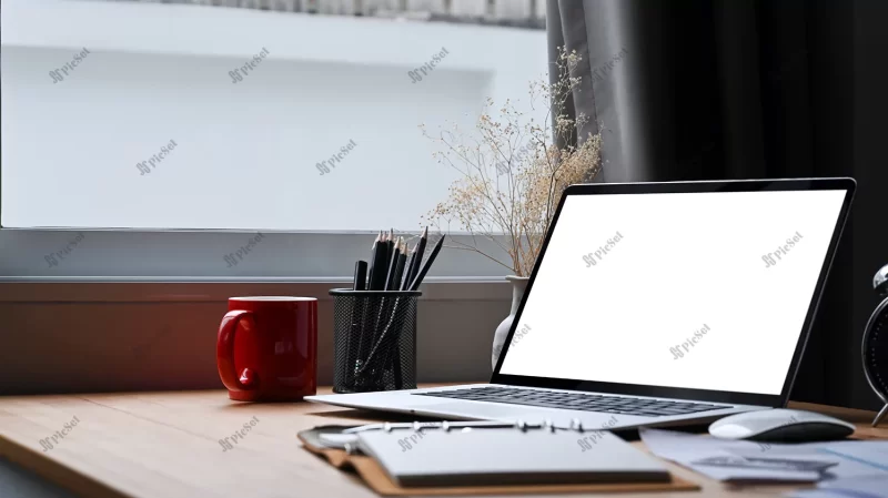 mock up computer laptop coffee cup documents wooden table home office / موکاپ لپ تاپ کامپیوتر فنجان قهوه میز چوبی دفتر اداری در خانه