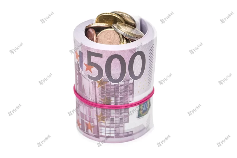 money 500 euro rolled into tube inside filled with bunch euro coins isolated white background / پول اسکناس 500 یورو لوله ای با سکه های یورو