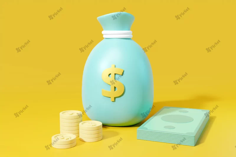 money bag coin cash yellow background 3d render / کیسه پول سکه نقدی اسکناس سه بعدی