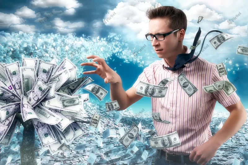 money tree worker conceptual collage / کلاژ مفهومی درخت پول و مرد در حال برداشتن اسکناس دلار