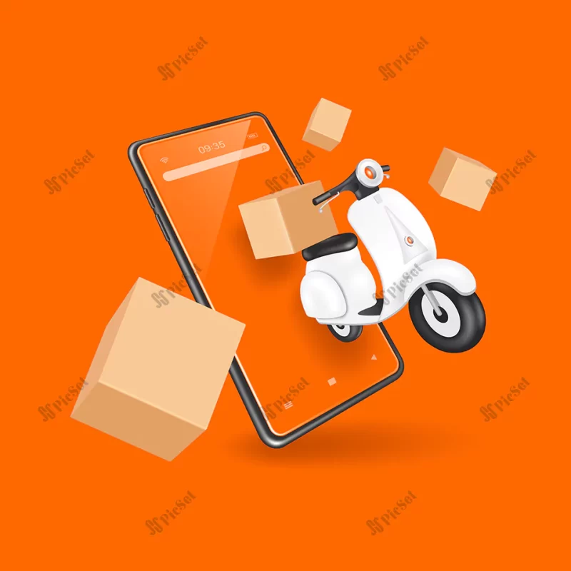 motorcycles scooters parcel boxes floating smartphone screen / پیک موتوری برای تحویل بسته مفهوم خدمات آنلاین با گوشی هوشمند موبایل