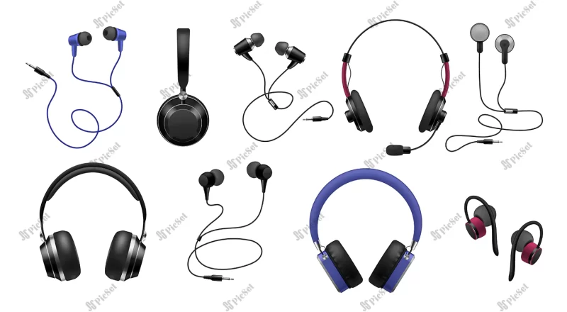 music earphones realistic black stereo audio headphone electronic personal small portable sound earbud set musical accessory advertisement 3d collection vector white background illustration / هدفون صوتی، مجموعه ایرپاد صوتی مجموعه لوازم جانبی موسیقی هنزفری سیمی