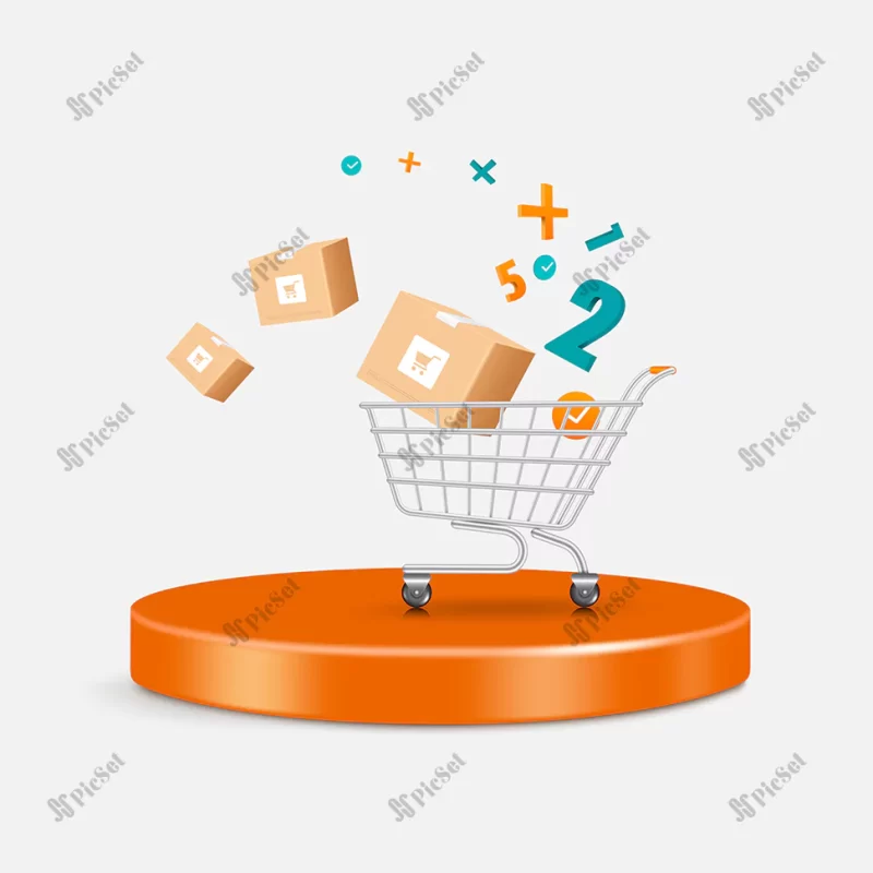 number orders parcel boxes floating shopping cart all orange circle pedestal / تعداد سفارشات جعبه در سبد خرید