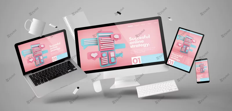 office stuff devices floating with online marketing website 3d rendering / وسایل اداری سه بعدی وب سایت بازاریابی آنلاین لپ تاپ کامیوتر تبلت موبایل