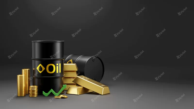 oil barrels gold bars with golden coins 3d render / بشکه نفت خام شمش طلا با سکه های طلایی سه بعدی