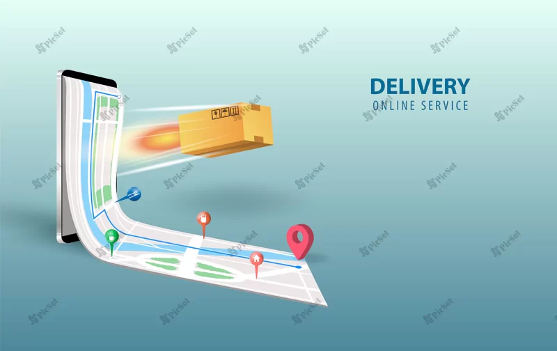 online delivery smartphone concept idea fast respond delivery package shipping mobile online order tracking with world map location logistic delivery service parcel route screen vector_599740 631 / ایده مفهومی تحویل سریع بسته و حمل و نقل ردیابی سفارش آنلاین موبایل تلفن همراه با نقشه جهان و خدمات تحویل لجستیک