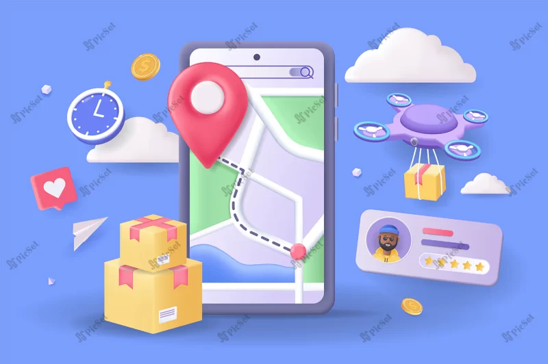 online delivery tracking concept 3d illustration icon composition with smartphone display / سفارش آنلاین با موبایل سه بعدی و تحویل سریع