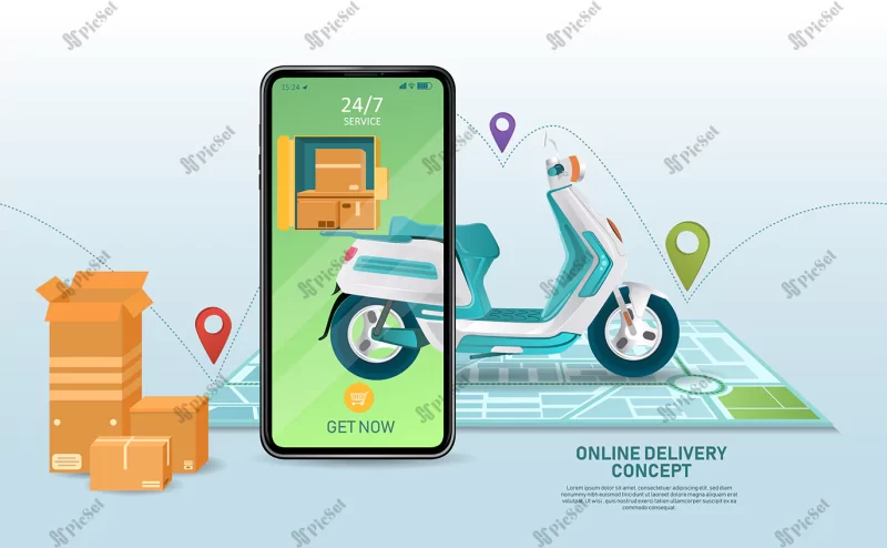 online order delivery by scooter concept with brown cardboard boxes map locator alongside / تحویل سفارش آنلاین توسط پیک موتوری با جعبه های مقوایی قهوه ای نقشه یاب موبایل