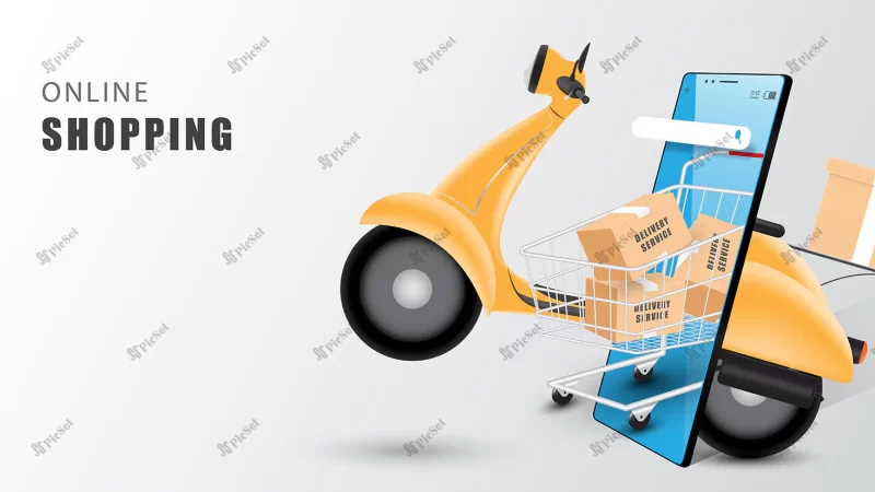 online shopping concept mobile phone parcel box cart out mobile phone with motorcycle / مفهوم خرید آنلاین با موبایل گوشی همراه، تحویل سبد خرید با موتور سیکلت