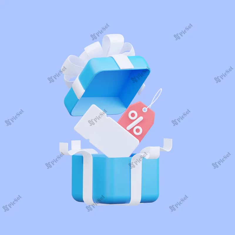open blue gift with white coupon label 3d rendering / جعبه هدیه آبی باز با برچسب تخفیف درصدی سه بعدی