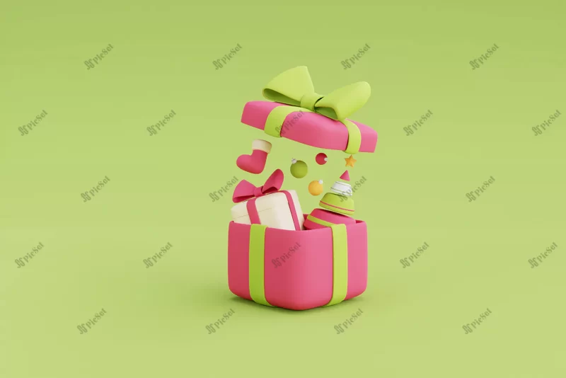 open gift box full with christmas tree gift box balls inside minimal 3d design xmas decorations 3d render illustration / جعبه هدیه باز با توپ و درخت کریسمس سه بعدی