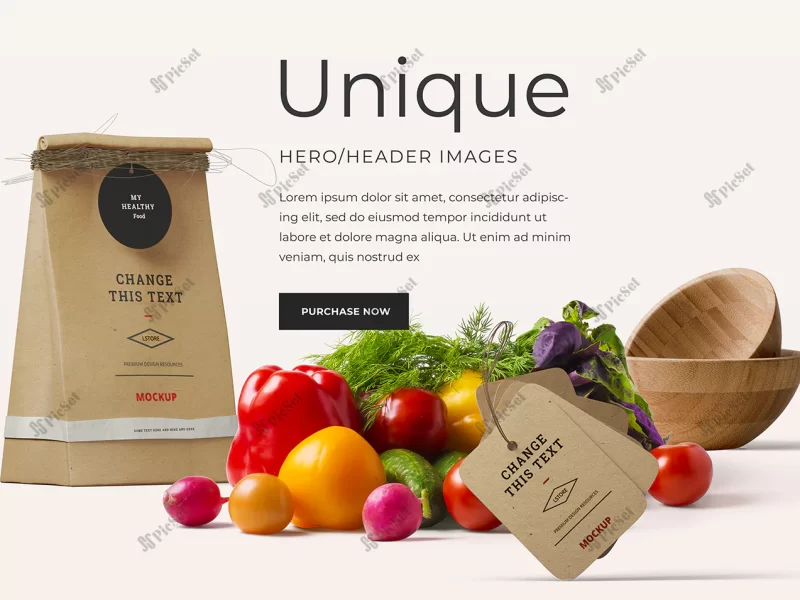 paper bag tag with mockup different vegetable varieties as well as large text space / بنر تبلیغاتی میوه و سبزیجات، موکاپ برچسب کیسه کاغذی با انواع سبزیجات مختلف