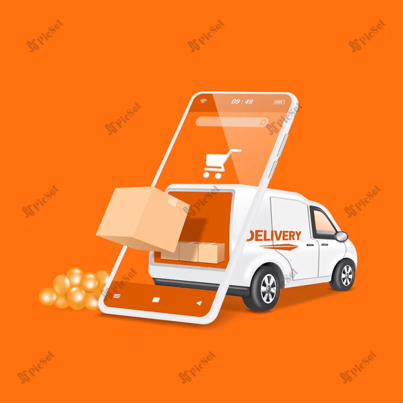 parcel box floated out smartphone with transparent screen back there is freight car parked open back vector 3d isolated orange background online shopping delivery concept / جعبه بسته شناور بیرون گوشی هوشمند با صفحه نمایش شفاف پشت ماشین ون باری پارک شده مفهوم تحویل خرید آنلاین