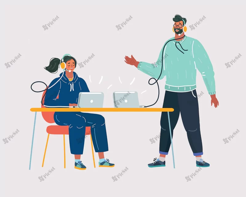 people work calling online / تماس آنلاین با مشتری، مرکز تماس با هدفون و لپتاپ