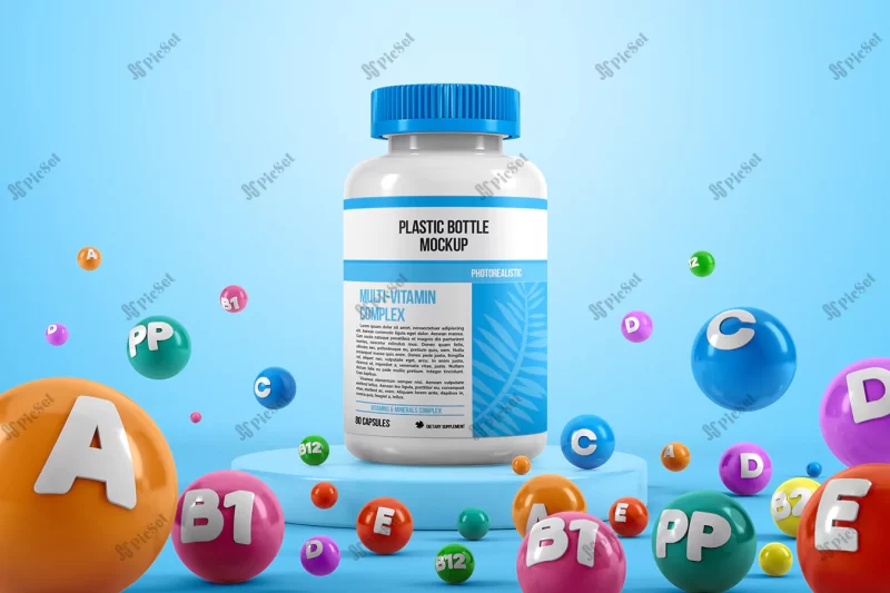 plastic pill bottle with colorful vitamins mockup / موکاپ بطری پلاستیکی قرص با ویتامین های رنگارنگ