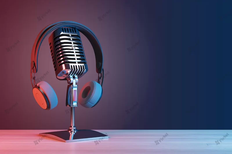 podcasting radio concept with retro microphone headphones empty wooden table dark blank wall background with place your logo text 3d rendering mock up / مفهوم رادیو پادکست با هدفون میکروفون میز چوبی