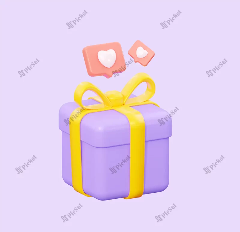 purple gift box yellow bown social media 3d rendering / جعبه هدیه کادو بنفش سه بعدی با پاپیون ربان زرد و آیکن رسانه های اجتماعی لایک و قلب