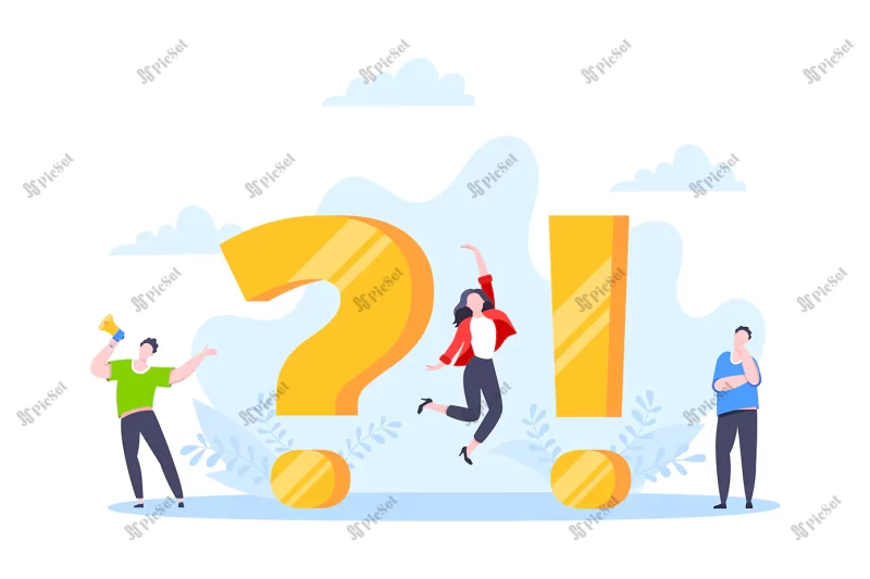 q faq concept with tiny people characters exclamation mark frequently asked questions / شخصیت های افراد و علامت تعجب و سوالات متداول