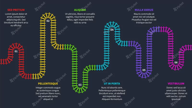 railroad tracks railway timeline tracking subway stations map top view colorful stairs railways industrial maze vector infographics with copy space / خطوط راه آهن ردیابی ایستگاه های مترو نقشه پله های پیچ و خم اینفوگرافیک