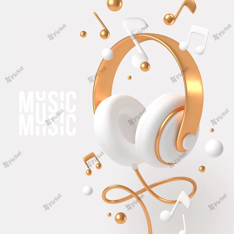 realistic 3d render headphones with golden elements musical notes / هدفون سه بعدی طلایی و نت های موسیقی