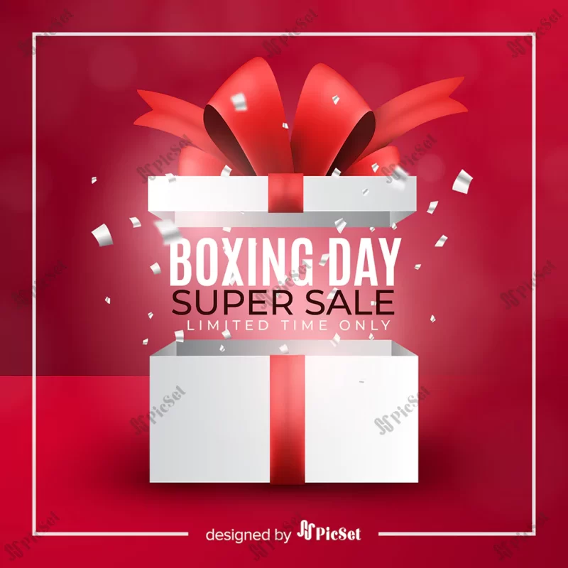 realistic boxing day sale background / پس زمینه فروش ویژه روز با جعبه هدیه و ربان قرمز