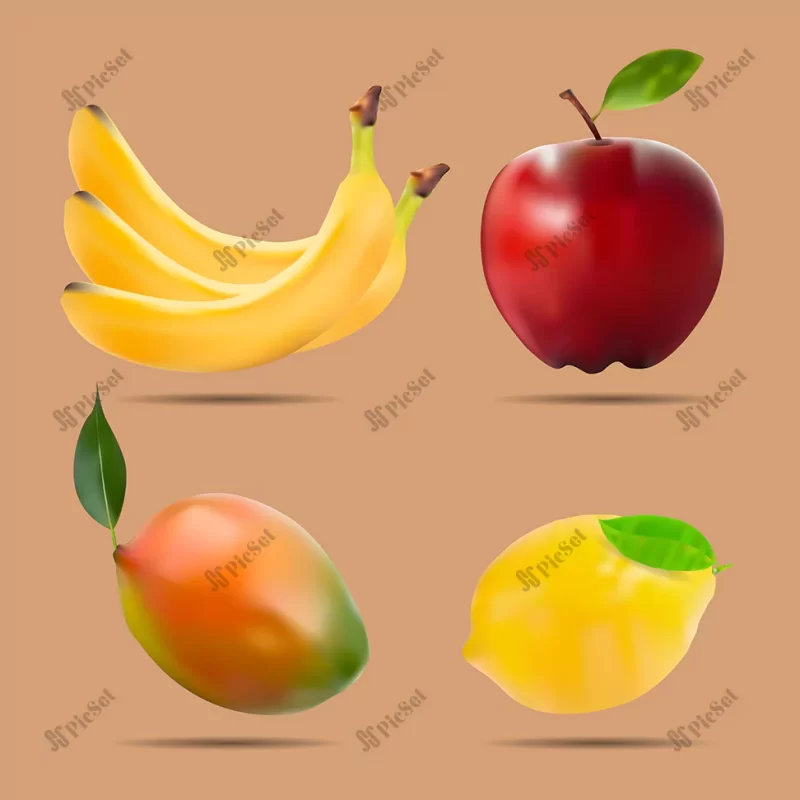 realistic fruit set collections vector / وکتور مجموعه میوه های سیب موز لیمو هلو