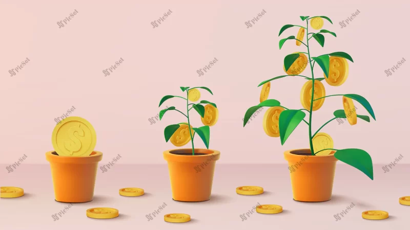 realistic money tree with gold coins dollars / درخت پول با سکه های طلا دلار مفهوم رشد سرمایه گذاری مالی موفق