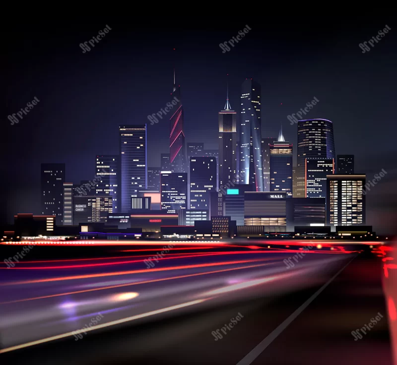 realistic night city scape with skyscrapers road with lights from cars motion / منظره شهر شبانه با نور در جاده آسمان خراش ها با چراغ های حرکت اتومبیل ها