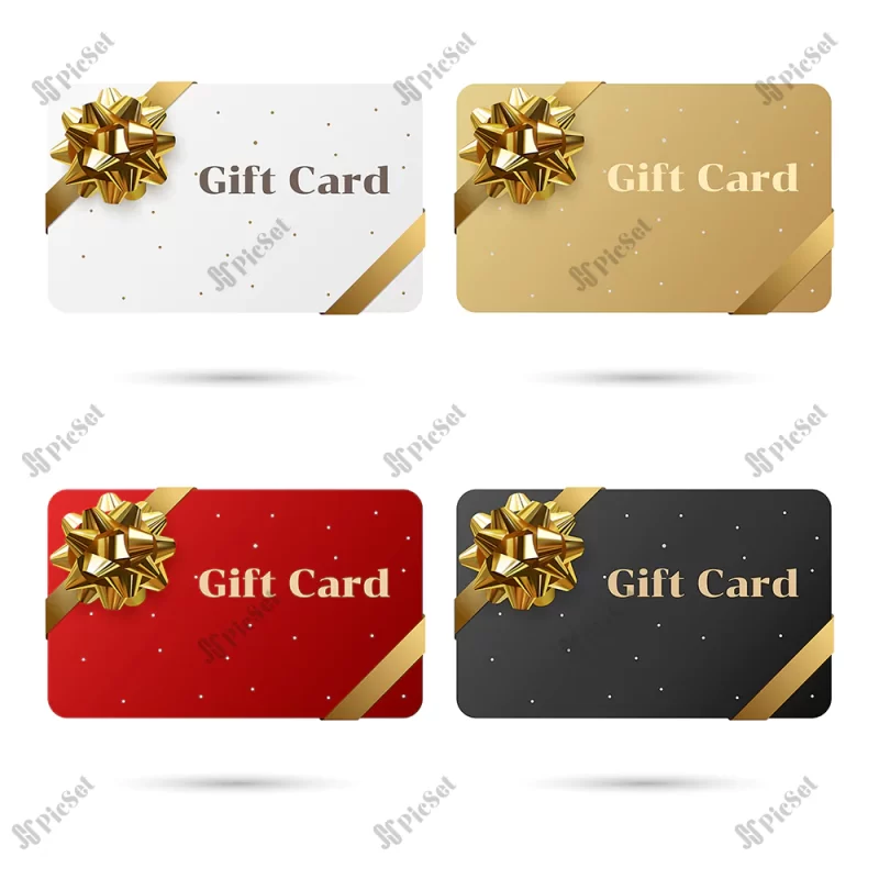 red white black gold set blank gift cards with golden bow ribbon / ست کارت های هدیه قرمز سفید طلایی سیاه با ربان پاپیون طلایی