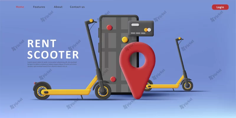 rent scooter application promo banner with 3d smartphone scooters with credit card / بنر تبلیغاتی برنامه اسکوتر اجاره با اسکوترهای سه بعدی گوشی هوشمند با کارت اعتباری