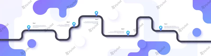 road map journey route infographics template winding road timeline illustration flat illustration / نقشه راه، الگوی اینفوگرافیک مسیر سفر، خط زمانی جاده پیچ در پیچ، پین و لوکیشن