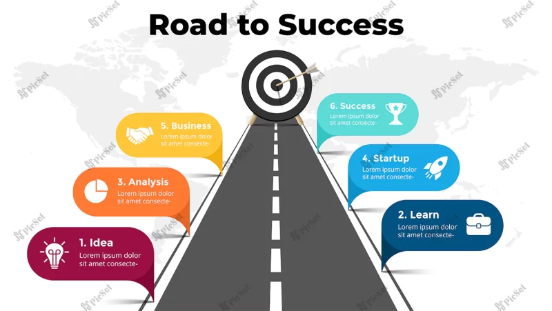 road success infographic business presentation template roadmap timeline world map goal diagram / اینفوگرافیک موفقیت جاده نقشه راه نمودار هدف نقشه جهان جدول زمانی