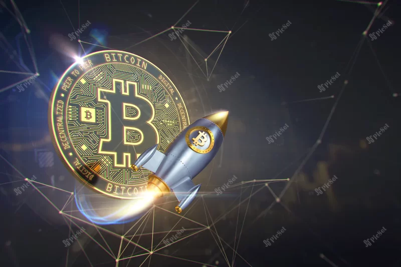 rocket flying bitcoin coin 3d rendering illustration / پرواز موشک و سکه بیت کوین سه بعدی