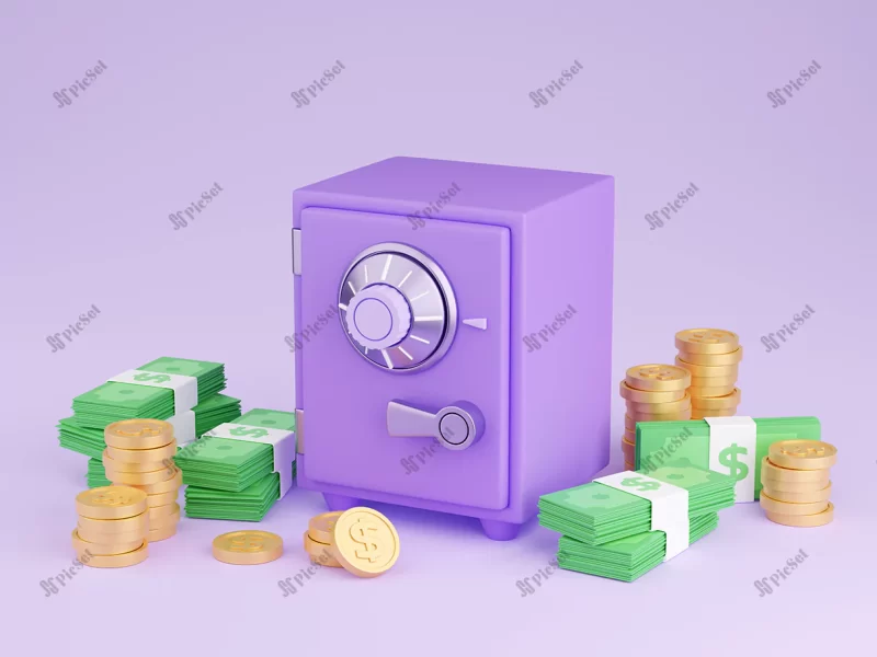 safe box with money 3d render illustration closed purple strongbox surrounded by pile gold coins paper cash / جعبه گاو صندوق سه بعدی جعبه محکم سکه های طلا اسکناس دلار پول